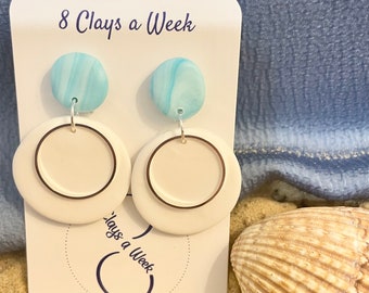 Large white circle stud earrings, blue marble earrings, statement earrings, blue and white earrings, handmade polymer clay earrings