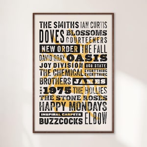 Impression d'art des icônes de la musique de Manchester, affiche vintage de style typographie britannique, Pop Art pour les fans de musique, cadeau de pendaison de crémaillère pour musiciens