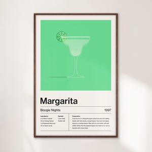 Impresión artística minimalista de cóctel margarita, decoración de carrito de bar para el hogar, regalo con receta de cóctel de mixología, arte moderno colorido, póster de la película Boogie Nights