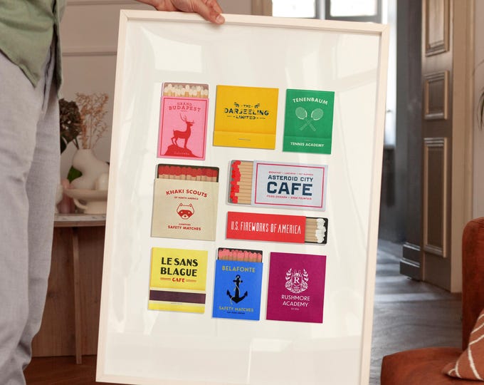 Wes Anderson Movie Poster, Vintage Matchbook Wall Art, Illustrated Film Print, Gift for Film Buffs, Home Cinema Decor, Boho Style