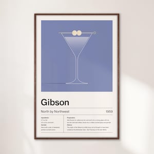 Impresión artística minimalista de cócteles Gibson Martini, decoración de carrito de bar para el hogar, regalo con receta de cóctel de mixología, arte moderno colorido, North by Northwest