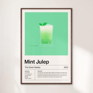 Minimalistyczny koktajl Mint Julep Art Print, wystrój domowego baru, przepis na koktajl Mixology, prezent, kolorowa sztuka nowoczesna, plakat Great Gatsby