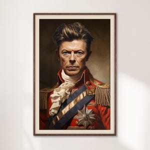 Militair portret David Bowie, poppictogram kunstafdruk, leuk cadeau barwagen, eigenzinnige muurkunstprint, uniek housewarmingcadeau voor muziekliefhebbers