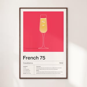 Minimalistyczny francuski 75 koktajlowy wydruk artystyczny, dekoracja domowego wózka barowego, przepis na koktajl miksologiczny, prezent, kolorowa nowoczesna sztuka, plakat filmu Casablanca