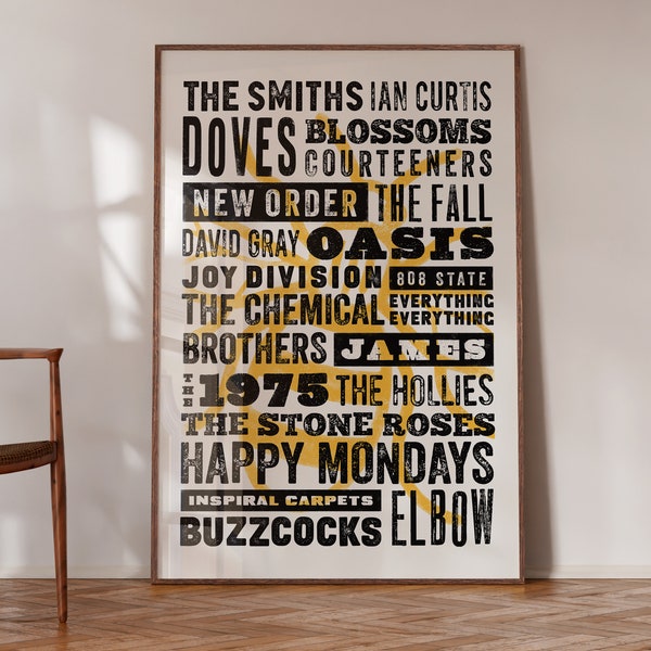 Bands of Manchester Letterpress Art Print, Typographic Music Poster Housewarming Gift
