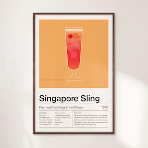 Minimale Singapore Sling Cocktail Art Print, Home Bar Cart Decor, Mixology Cocktail Recept Cadeau, Kleurrijke moderne kunst, Fear and Loathing