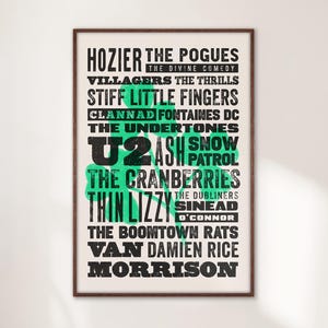 Icons of Irish Music Art Print, Vintage Ireland Letterpress Style Poster, Clover Wall Art for Music Fans, Housewarming Gift for Musicians