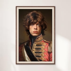 Portret wojskowy Micka Jaggera, Pop Icon Art Print, zabawny prezent do wózka barowego, oryginalny wydruk ścienny, prezent na parapetówkę dla miłośników muzyki, wystrój pubu