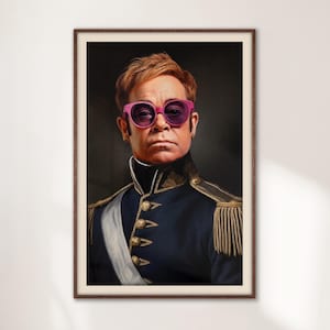 Portret wojskowy gwiazdy rocka, ikona popu, zabawny wystrój wózka barowego, oryginalny wydruk ścienny – prezent na parapetówkę dla miłośników muzyki, wystrój pubu