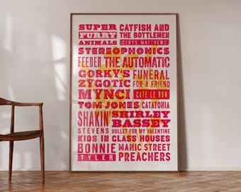 Bands of Wales Letterpress Art Print, Typographic Music Poster, Housewarming Gift