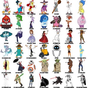 May include: A colorful chart featuring cartoon characters from popular Disney and Pixar movies. Each character is labeled with a number and a name. The chart is a visual guide to the characters and their corresponding numbers.