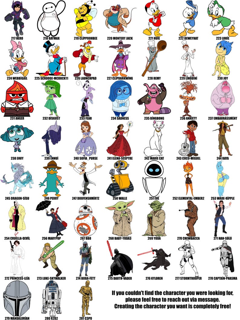 May include: A colorful chart featuring cartoon characters from popular Disney and Pixar movies. Each character is labeled with a number and a name. The chart is a visual guide to the characters and their corresponding numbers.