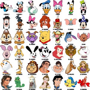 May include: A colorful chart with 48 images of Disney characters, including Mickey Mouse, Minnie Mouse, Donald Duck, Goofy, and many more. Each image is numbered and labeled with the character's name.