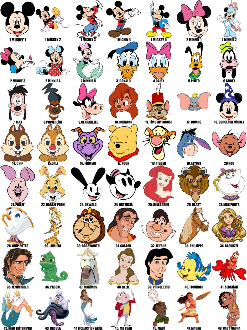 May include: A colorful chart with 48 images of Disney characters, including Mickey Mouse, Minnie Mouse, Donald Duck, Goofy, and many more. Each image is numbered and labeled with the character's name.