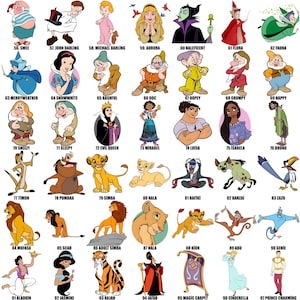 May include: A colorful collage of 104 Disney characters, including Pua, Hei Hei, Peter Pan, Tinkerbell, Wendy, Captain Hook, Crook, Smee, John Darling, Michael Darling, Aurora, Maleficent, Flora, Fauna, Merryweather, Snow White, Bashful, Doc, Dopey, Grumpy, Happy, Sneezy, Sleepy, Evil Queen, Mirabel, Luisa, Isabela, Bruno, Timon, Pumbaa, Simba, Nala, Rafiki, Banzai, Zazu, Mufasa, Scar, Adult Simba,  Hala, Kion, Abu, Genie, Aladdin, Jasmine, Rajah, Jafar, Magic Carpet, Cinderella, Prince Charming, Fairy Godmother, Lady Tremaine, Dory, Bruce, Nemo, Bloat, and Crush.