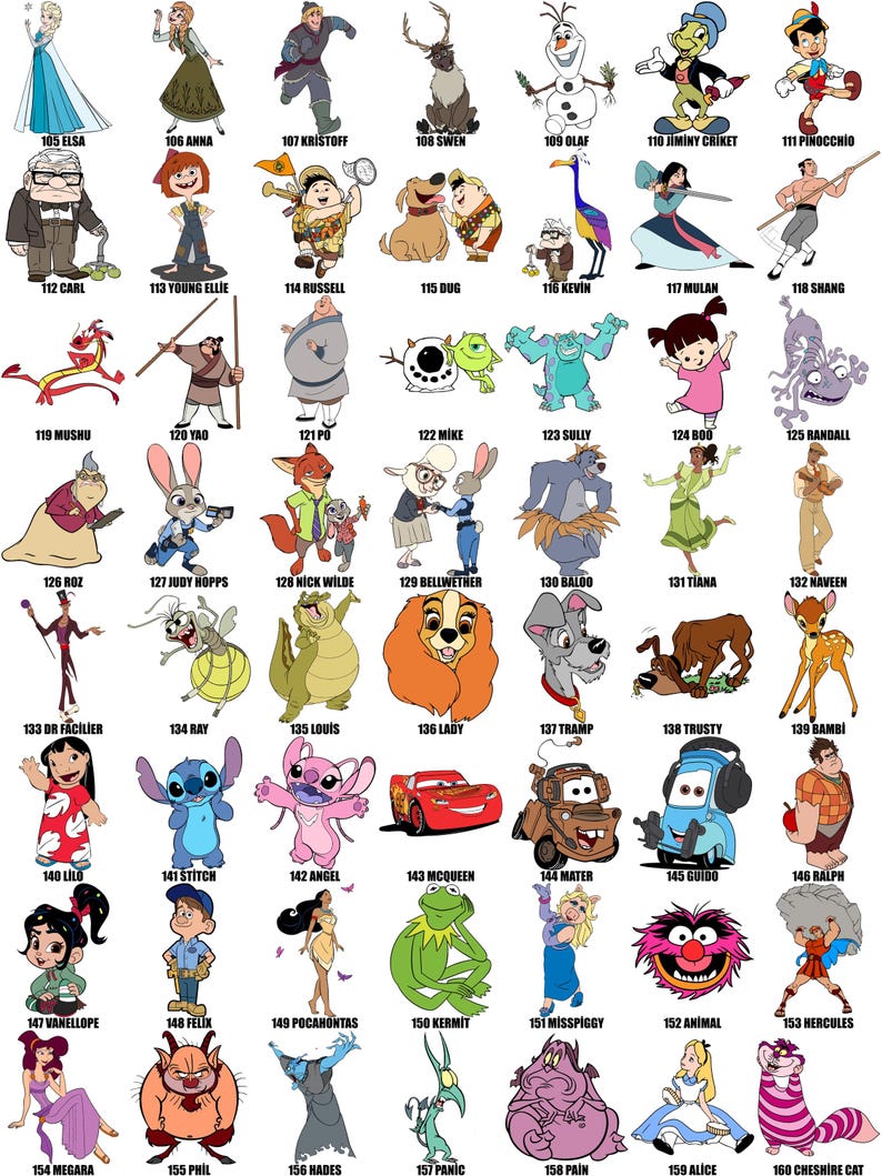 May include: A colorful collage of Disney characters, including Elsa, Anna, Kristoff, Sven, Olaf, Jiminy Cricket, Pinocchio, Carl, Young Ellie, Russell, Dug, Kevin, Mulan, Shang, Mushu, Yao, Po, Mike, Sully, Boo, Randall, Roz, Judy Hopps, Nick Wilde, Bellwether, Baloo, Tiana, Naveen, Dr. Facilier, Ray, Louis, Lady, Tramp, Trusty, Bambi, Lilo, Stitch, Angel, McQueen, Mater, Guido, Ralph, Vanellope, Felix, Pocahontas, Kermit, Miss Piggy, Animal, Hercules, Megara, Phil, Hades, Panic, Pain, Alice, and Cheshire Cat.