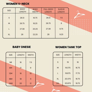 May include: A size chart for women's V-neck tops, baby onesies, and women's tank tops. The chart lists sizes, body length, body width, full body length, and sleeve length in inches.