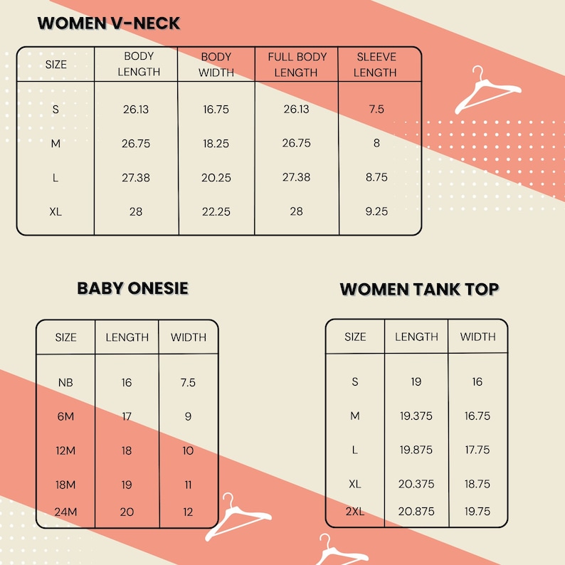 May include: A size chart for women's V-neck tops, baby onesies, and women's tank tops. The chart lists sizes, body length, body width, full body length, and sleeve length in inches.