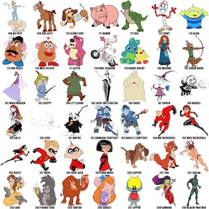 May include: A colorful collage of cartoon characters from popular animated films and television shows. The characters are arranged in a grid pattern, with each character's name listed below their image.