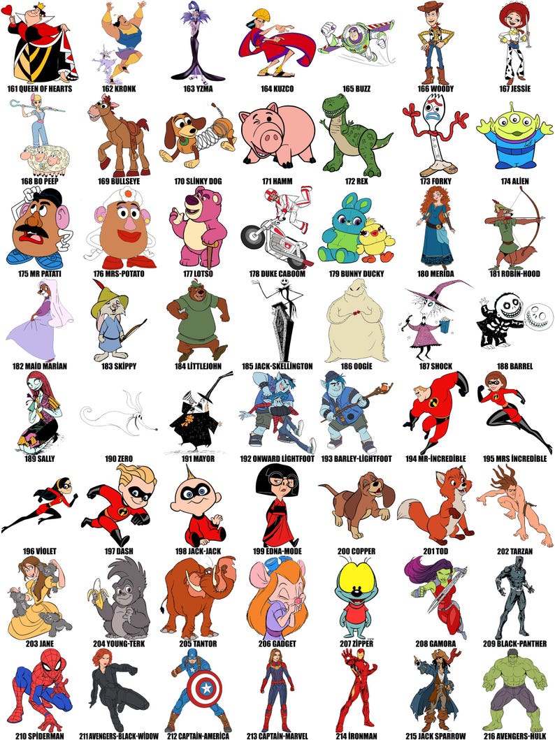 May include: A colorful collage of cartoon characters from popular animated films and television shows. The characters are arranged in a grid pattern, with each character's name listed below their image.