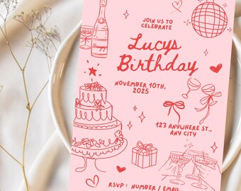 Puede incluir: Invitación a una fiesta de cumpleaños rosa con ilustraciones rojas de un pastel, champán, una bola de discoteca y un regalo. El texto dice "Únete a nosotros para celebrar el cumpleaños de Lucy, 10 de noviembre de 2025, 123 Anywhere St., Any City, RSVP: Número/Email."