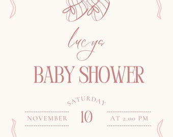 May include: A pink and white baby shower invitation with a pink ribbon border and a drawing of baby booties. The text reads "Welcome to Lucya Baby Shower, Saturday, November 10 at 2:00 PM. Thank you for celebrating with us."