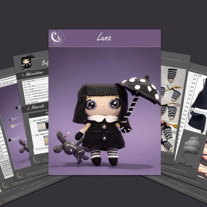 May include: Crochet pattern for a black and white doll named Luna. The doll is holding a black and white umbrella and has a black and white dog by her side. The pattern includes instructions for making the doll, the umbrella, and the dog.