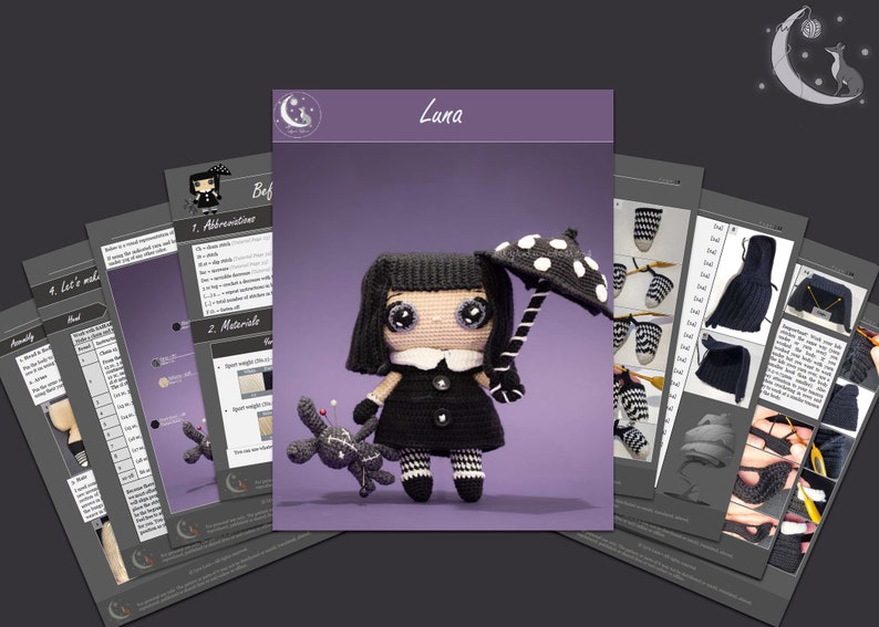 May include: Crochet pattern for a black and white doll named Luna. The doll is holding a black and white umbrella and has a black and white dog by her side. The pattern includes instructions for making the doll, the umbrella, and the dog.