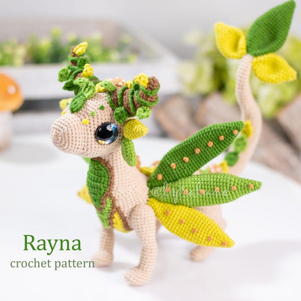 Patrón de crochet amigurumi Rayna, el dragón del bosque, términos de EE. UU. PDF