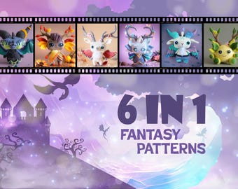 May include: Six crochet amigurumi patterns featuring fantasy creatures. The patterns include a dragon, a unicorn, a fairy, a mermaid, a gnome, and a pixie. The patterns are displayed in a filmstrip style against a purple and blue background.