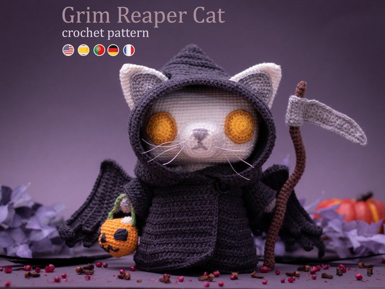 Crochet Pattern: Grim Reaper Cat Halloween Amigurumi Pattern by LyraLuneDesigns US terms PDF image 1