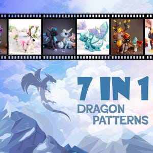 Könnte beinhalten: Sieben Häkel-Drachenmuster. Das Bild zeigt eine Collage aus sieben verschiedenen Drachen-Designs, jedes mit einzigartigen Farben und Merkmalen. Die Designs umfassen einen lila Drachen mit einer Hexenmütze, einen rosa Drachen mit Blumen, einen blauen Drachen mit Flügeln, einen grünen Drachen mit Geweih und einen schwarzen Drachen mit Feuer.