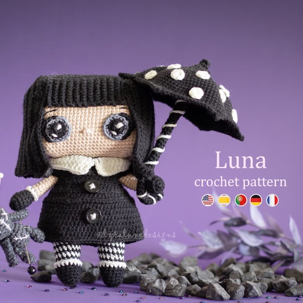 Modèle au crochet : Luna la poupée gothique, modèle Amigurumi par LyraLuneDesigns • PDF termes américains