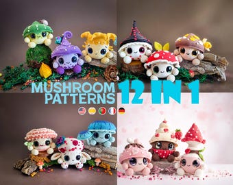 May include: Twelve crochet mushroom amigurumi patterns. The patterns include a variety of colors and styles, including red, white, blue, yellow, green, and purple. The patterns are available in English, Spanish, French, German, and Dutch.  "Mushroom Patterns 12 in 1"