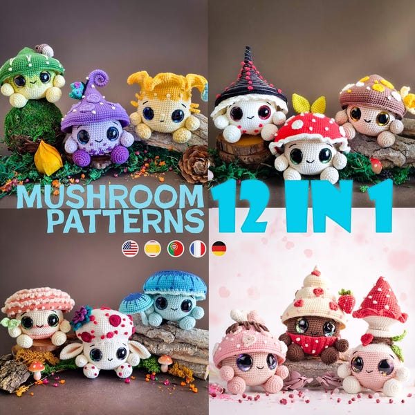 Paquete de 12 patrones de amigurumi de hongos a crochet (PDF)