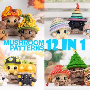 Könnte beinhalten: Eine Sammlung gehäkelter Pilzfiguren mit verschiedenen Hutdesigns. Die Pilze sind in verschiedenen Farben, darunter Braun, Gelb und Schwarz. Der Text "MUSHROOM PATTERNS 12 IN 1" ist im Bild zu sehen.