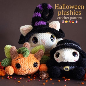 Crochet Pattern: Halloween Plushies - Plague Doctor, Witchy Cat, Pumpkin Amigurumi Patterns • US terms PDF