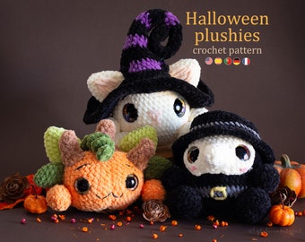 Crochet Pattern: Halloween Plushies - Plague Doctor, Witchy Cat, Pumpkin Amigurumi Patterns • US terms PDF