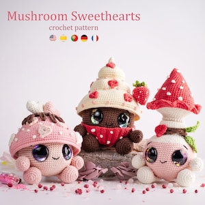 Mushroom Sweethearts Trio Amigurumi Crochet Pattern US Terms PDF