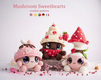 Mushroom Sweethearts Trio Amigurumi Crochet Pattern US Terms PDF