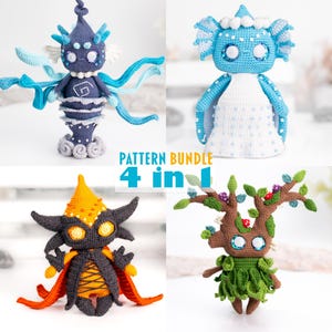 Puede incluir: Colección de cuatro muñecos de ganchillo con diseños de criaturas fantásticas. Los muñecos presentan colores vibrantes como el azul, el naranja y el verde, con detalles intrincados. También se ve el texto "PATTERN BUNDLE 4 in 1".