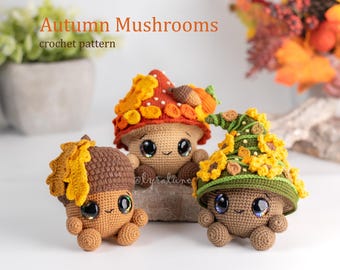 Autumn Mushroom Trio Amigurumi Crochet Pattern US Terms PDF