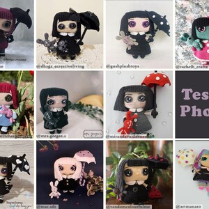 May include: A collage of photos showing crocheted dolls with different outfits and accessories. The dolls are holding umbrellas, stuffed animals, and other items. The text "Tester Photos" is displayed in the center of the collage.