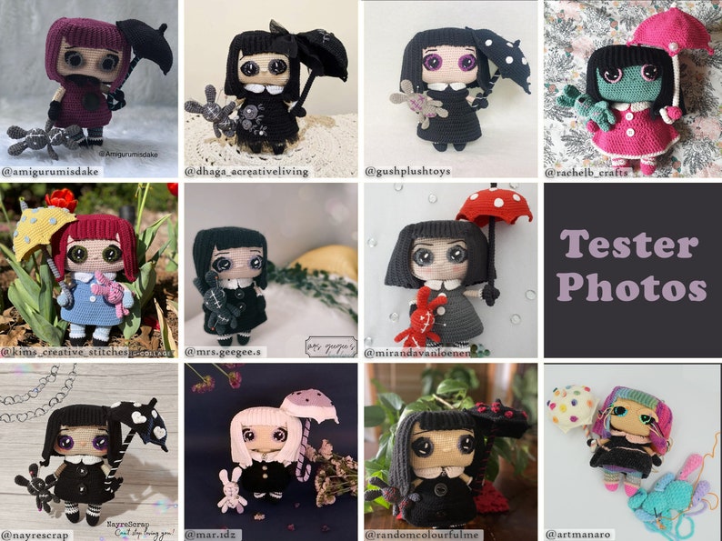 May include: A collage of photos showing crocheted dolls with different outfits and accessories. The dolls are holding umbrellas, stuffed animals, and other items. The text "Tester Photos" is displayed in the center of the collage.