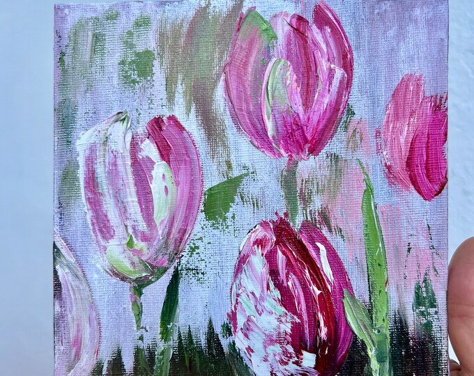 Tulip Oil Painting Floral Art Decor Small Art 6x6 Inches Impasto ...