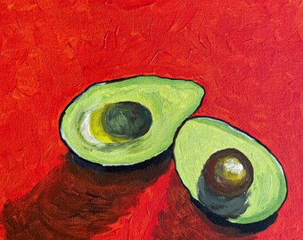 Avocado-olieverfschilderij, origineel stillevenkunst, rode keukendecor, 10 x 10 "