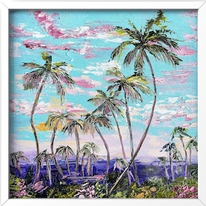 Miami Sunset Original Painting Palm Tree Art Beach Painting Palette Knife Florida Beach Artwork 10 by 10 inches