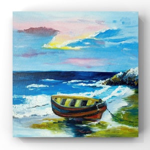 California Seascape Oil Painting on Canvas. Boat Oil Artwork. Impression.Beach Oil Painting 12x12 inches