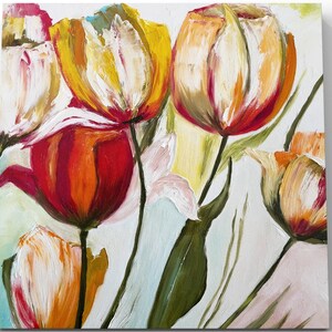Original Handmade Oil Painting, Spring Tulip Flowers on Canvas 12x12 Home Decor
