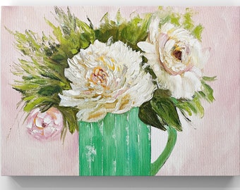 Handmade Peonies Oil Painting in Green Vase, Floral Still Life (16x20 in)